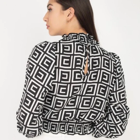 Geo black and white top with mock neck - Picture 8 of 9